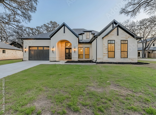 A modern single-family home featuring a stylish facade and landscaped yard.