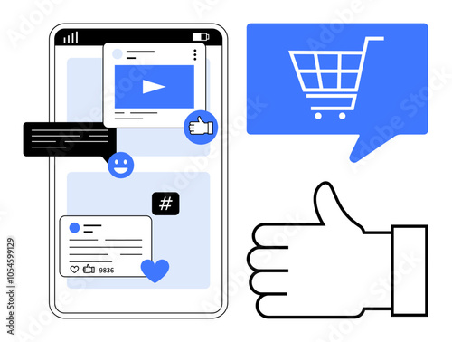 Smartphone screen displaying social media activity with likes, comments, and metadata tags. Blue shopping cart, like button, chat bubble, thumbs-up icon, and video player. Ideal for marketing, social