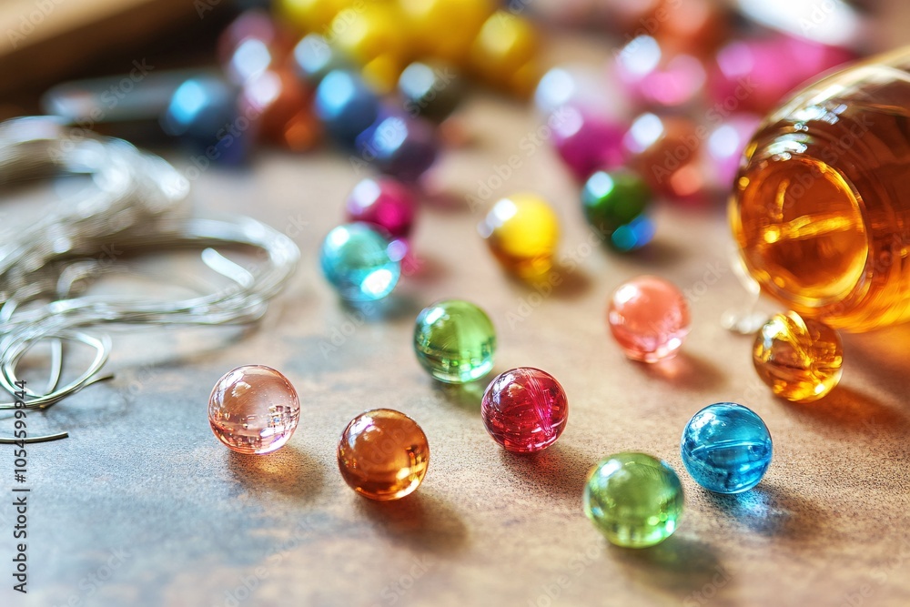 Colorful Glass Marbles on Wooden Surface with Wire and Jar Colorful Glass Marbles on Wooden Surface with Wire and Jar
