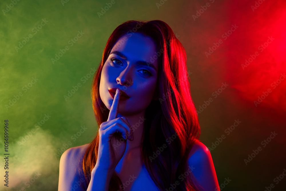 Portrait of gorgeous alluring young lady night club event isolated multicolor neon effect background Portrait of gorgeous alluring young lady night club event isolated multicolor neon effect background