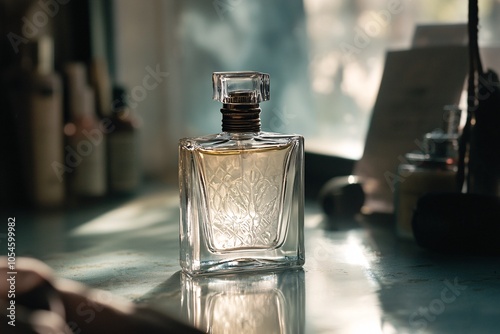 Glass Perfume Bottle with Golden Cap on a Reflective Surface