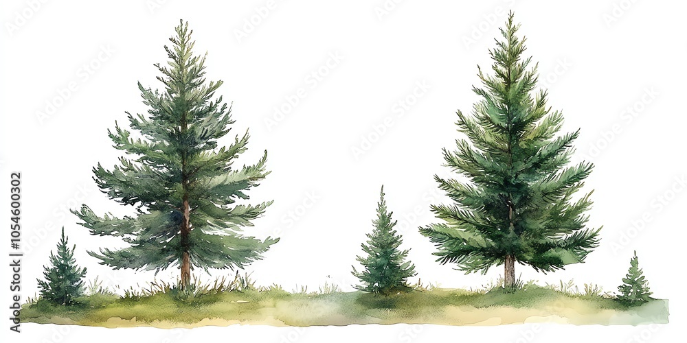 Watercolor illustration of four fir trees with green foliage against a white background. Watercolor illustration of four fir trees with green foliage against a white background.