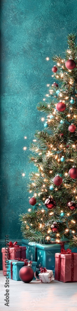 A Christmas backdrop with a tree and presents or gifts and a blue green wall. A Christmas backdrop with a tree and presents or gifts and a blue green wall.