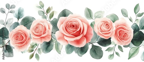 Elegant seamless pattern of pink roses and eucalyptus, watercolor floral background, retro bouquet for fabric or print on white