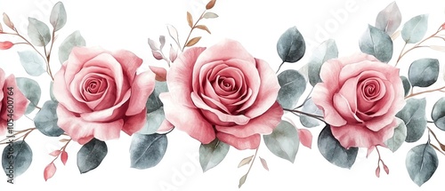 Elegant seamless pattern of pink roses and eucalyptus, watercolor floral background, retro bouquet for fabric or print on white