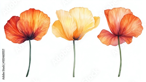 Fototapeta Naklejka Na Ścianę i Meble -  Three watercolor poppy flowers in different shades of orange and yellow with green stems isolated on white background.