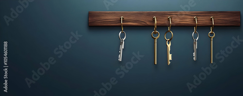 A wooden key holder displaying five keys against a dark background.