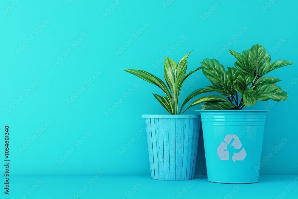 Blue Recycling Bin and Green Plants on Teal Background Blue Recycling Bin and Green Plants on Teal Background