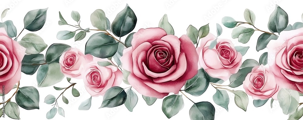 Naklejka premium Seamless watercolor pattern with pink roses and eucalyptus, retro summer bouquet, elegant and romantic, isolated on white background