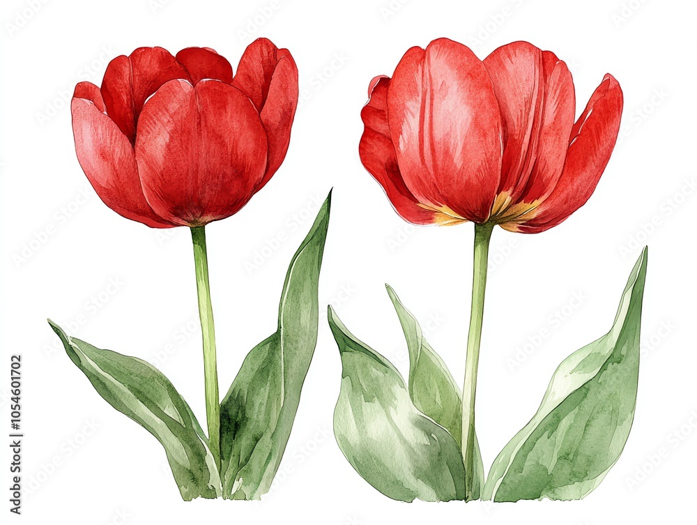 Two red tulips, one with its bud closed and one opened, with green leaves, painted in a watercolor style, on a white background.