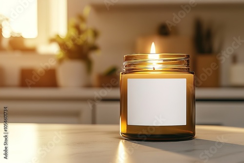 Amber glass candle jar with blank white label mockup, burning candle in Christmas holiday decorated home interior, seasonal cozy decor