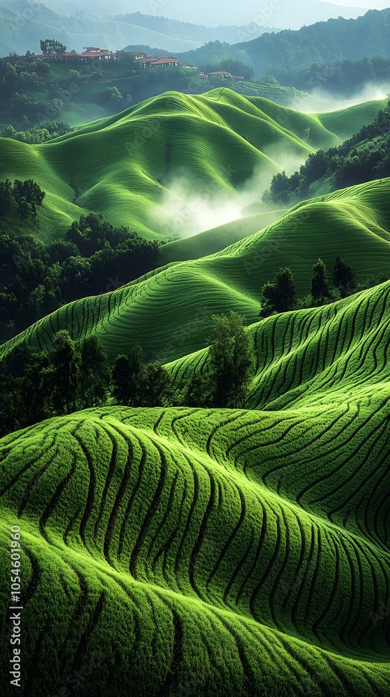 Fototapeta premium Lush green terraced hills create a serene and picturesque landscape.