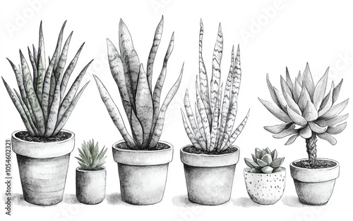 Charming watercolor illustration of indoor plants in pots, including sansevieria, ficus, and succulent, ideal for card making and scrapbooking projects