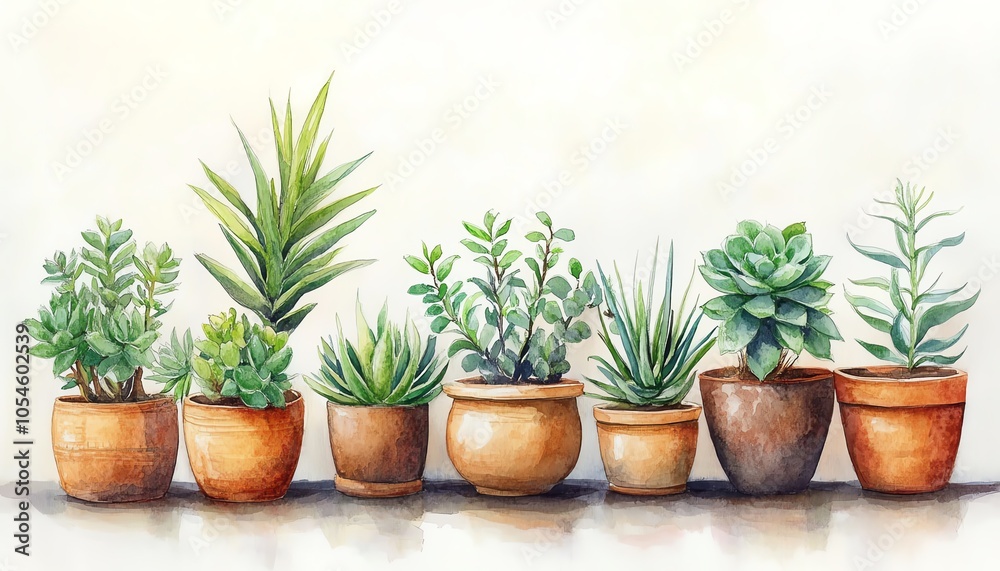 Delightful watercolor illustration of a variety of home plants in pots, featuring succulents and indoor palms, perfect for crafting and card making Delightful watercolor illustration of a variety of home plants in pots, featuring succulents and indoor palms, perfect for crafting and card making