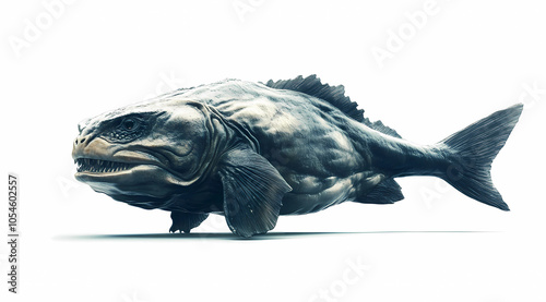 Dunkleosteus Realistic on White Background: Marvel at the Formidable Presence of a Prehistoric Armored Fish with Powerful Jaws from the Devonian Period photo