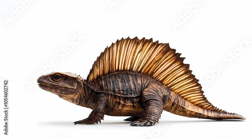 Dimetrodon Realistic on White Background: Witness the Iconic Presence of a Sail-Backed Synapsid, an Early Relative of Mammals from the Permian Period photo