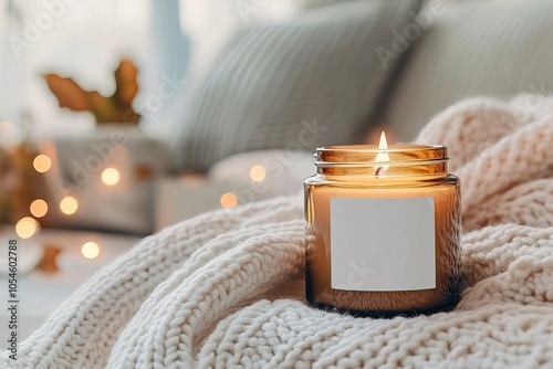 Amber glass candle jar with blank white label mockup, burning candle in Christmas holiday decorated home interior, seasonal cozy decor