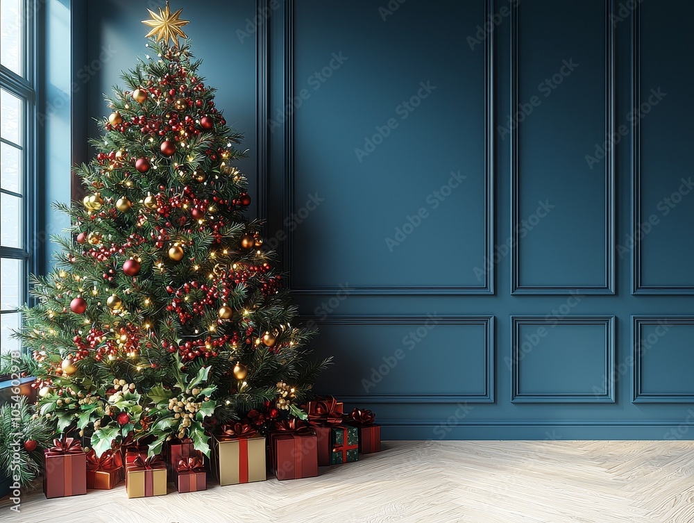 A Christmas backdrop with a tree and presents or gifts and a blue green wall.