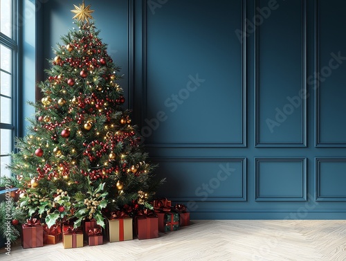 Obraz na płótnie A Christmas backdrop with a tree and presents or gifts and a blue green wall. w salonie