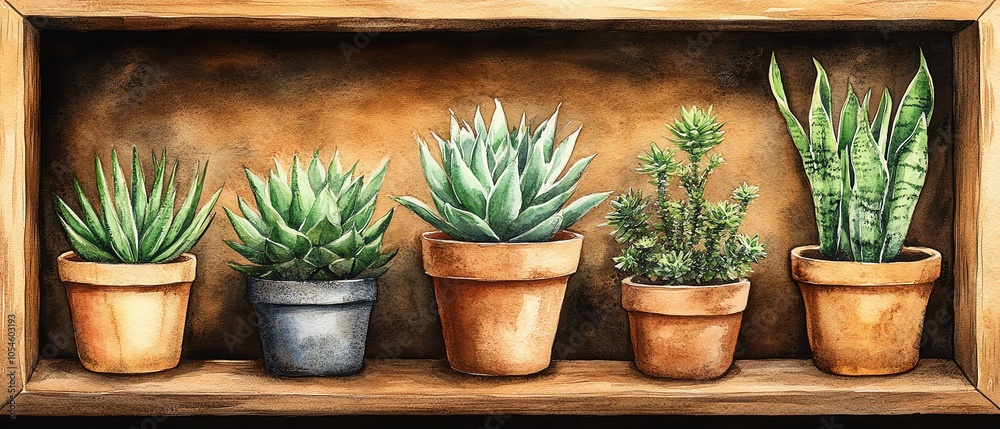 Watercolor set of home plants in pots, featuring indoor sansevieria, ficus, succulent, and palm in a wooden box and on a shelf, perfect for print and poster designs Watercolor set of home plants in pots, featuring indoor sansevieria, ficus, succulent, and palm in a wooden box and on a shelf, perfect for print and poster designs
