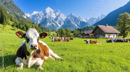A herd of cows relaxes in a lush meadow surrounded by traditional Swiss architecture and mountains under a sunny sky
