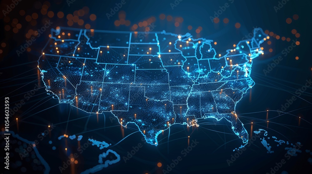 Digital US Map with Glowing Connections on Dark Blue Background Digital US Map with Glowing Connections on Dark Blue Background
