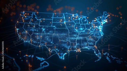 Digital US Map with Glowing Connections on Dark Blue Background