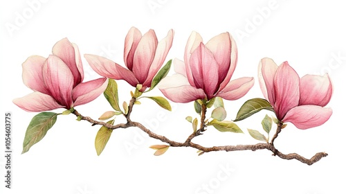 Watercolor painting of a branch with four pink magnolia flowers and green leaves.