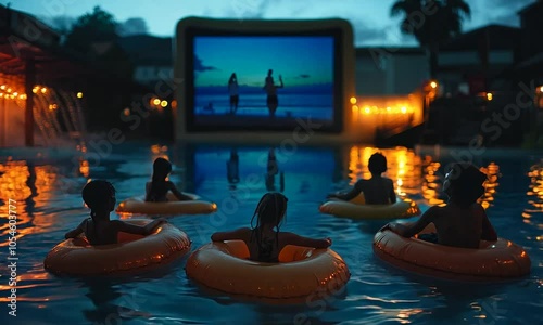Kids enjoying a movie night in a pool with inflatable rings.
