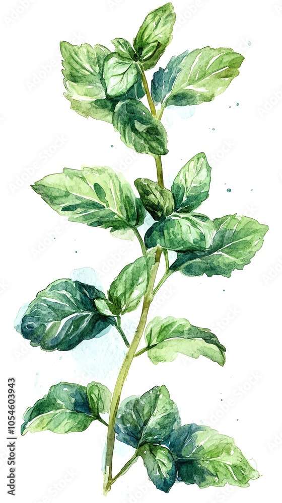 Watercolor painting of a sprig of fresh green mint leaves. Watercolor painting of a sprig of fresh green mint leaves.