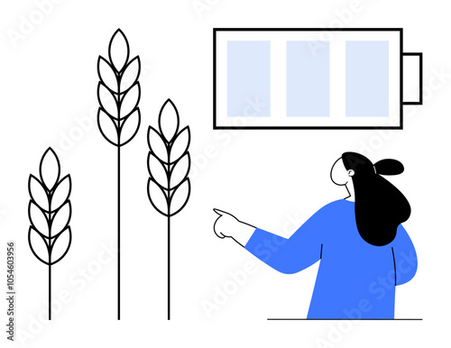 Woman pointing at three wheat plants beside a battery icon. Ideal for renewable energy, agriculture, sustainability, technology, farming. Minimalist, two-tone vector style with blue and black