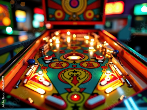 A vivid and detailed view of a colorful pinball machine in an arcade, capturing the nostalgia and excitement of classic gaming environments. photo