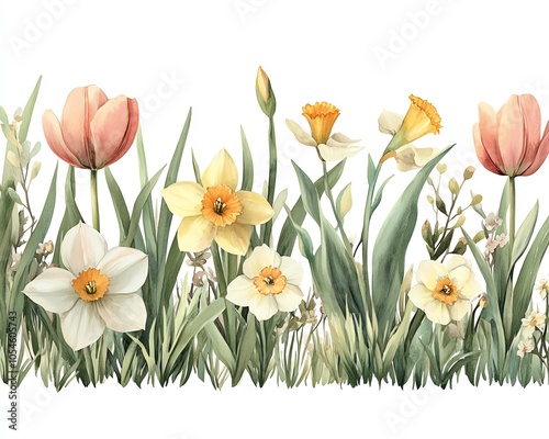 Wallpaper Mural Elegant watercolor illustration of a seamless border with lush green grass and spring flowers, including narcissus and tulips, perfect for Mothers Day cards, isolated PNG Torontodigital.ca