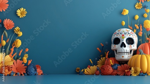 Fototapeta Naklejka Na Ścianę i Meble -  a colorful and 3D dia de los muertos scene,copy space , Generative Ai 