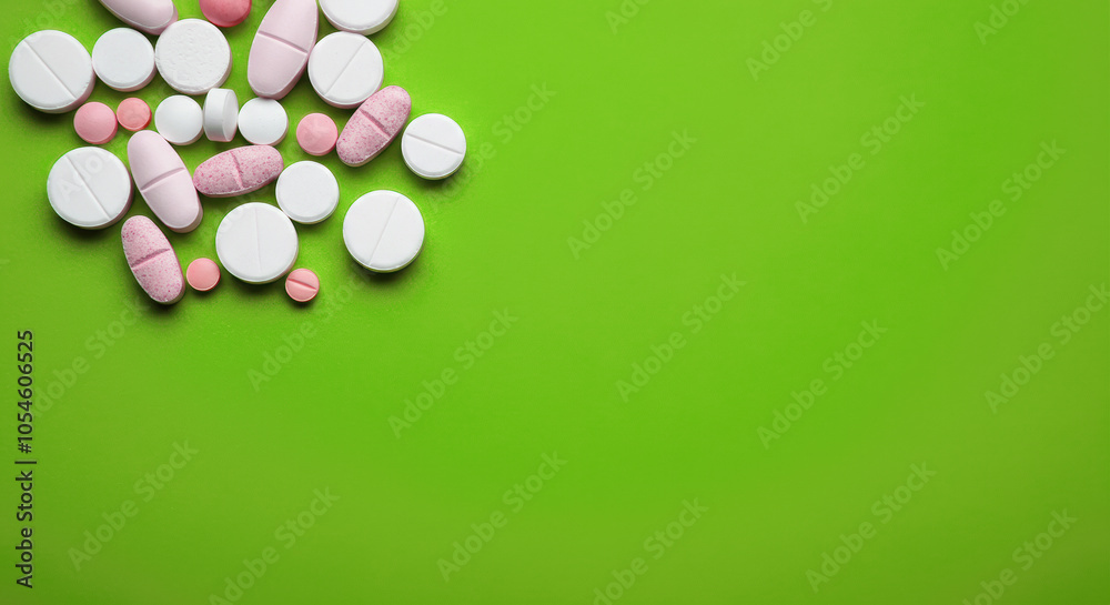 Assorted medications on vibrant green background for healthcare concept Assorted medications on vibrant green background for healthcare concept