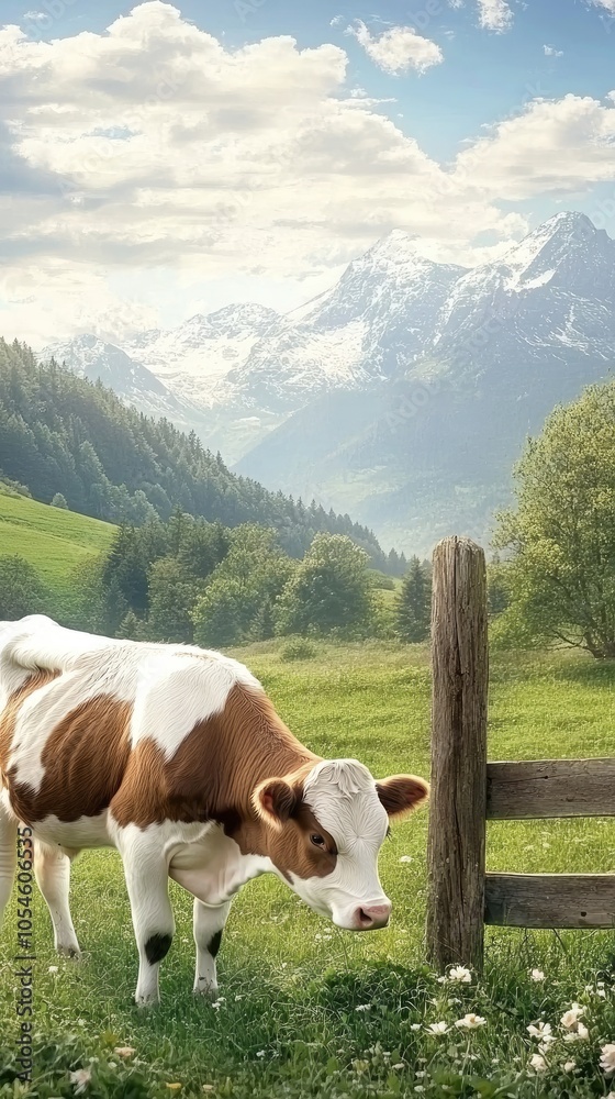 Obraz premium A brown and white cow enjoys grazing on lush grass near a wooden fence with a stunning mountain range in the background under clear skies
