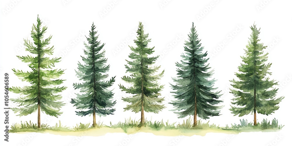 Obraz premium Watercolor painting of five evergreen trees with green foliage against a white background.