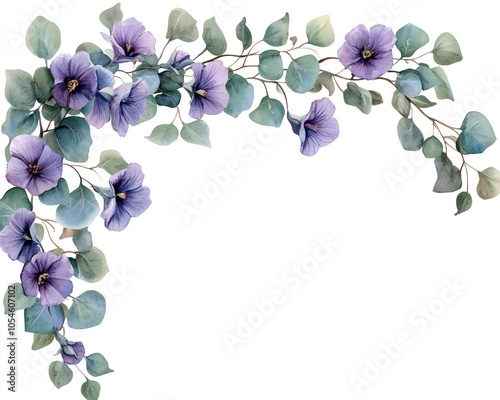 Fototapeta Naklejka Na Ścianę i Meble -  Artistic watercolor depiction of a corner border with violet flowers and eucalyptus greenery, ideal for crafting stunning wedding stationery and cards