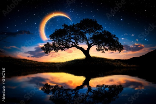 A starry night sky reflected perfectly in a still lake, creating a mirror image of the heavens, capturing the sense of oneness and connection between earth and cosmos in pantheism, symbolizing