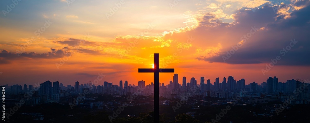 Silhouette of cross with city skyline at sunset Silhouette of cross with city skyline at sunset