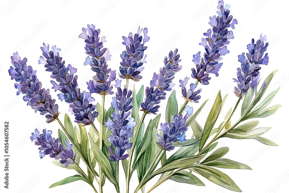 Obraz premium Watercolor painting of lavender flowers with green leaves on a white background.