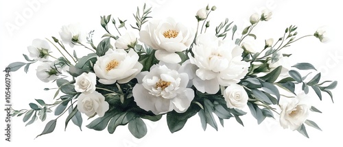 Fototapeta Naklejka Na Ścianę i Meble -  Charming handpainted watercolor bouquet of white flowers, including peonies and roses with lush greenery, ideal for elegant wedding backgrounds and decor