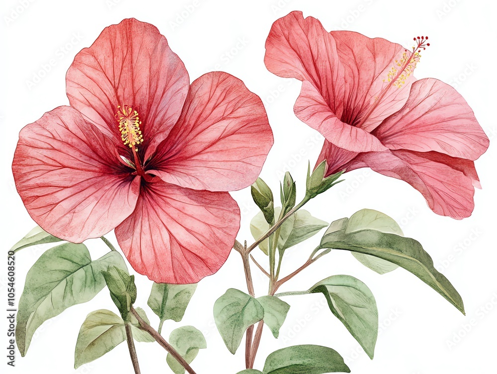 Watercolor painting of two pink hibiscus flowers with green leaves on a white background. Watercolor painting of two pink hibiscus flowers with green leaves on a white background.