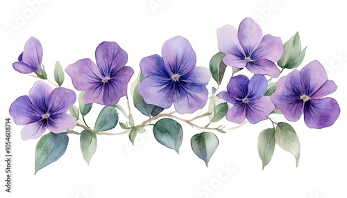 Colorful watercolor illustration of isolated violet flowers and foliage, ideal for crafting stylish wedding invitations and greeting cards