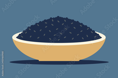 Black sesame seeds in a white bowl on wooden table