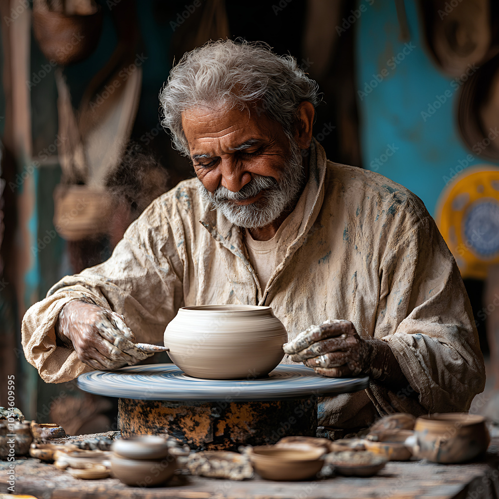 Skilled Potter Shaping Clay on Pottery Wheel Skilled Potter Shaping Clay on Pottery Wheel
