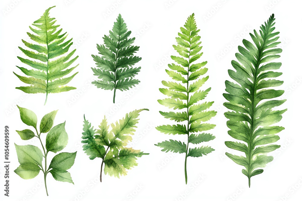 Watercolor illustration of six green fern leaves and one green leafy branch isolated on white background. Watercolor illustration of six green fern leaves and one green leafy branch isolated on white background.