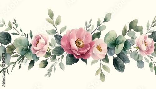 Elegant watercolor floral border showcasing a bouquet of pink flowers and eucalyptus greenery, perfect for wedding invitations and decorative backgrounds