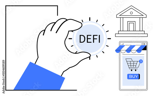 Hand holding DEFI coin concept. Ideal for cryptocurrency, blockchain technology, decentralized finance, online shopping, investments. Vector style with blue, white, black colours. Clear and modern