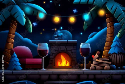 Pixel art of a cozy lounge with pixelated wine glasses, a roaring fireplace, and small characters enjoying a night in, capturing the nostalgic, simple pleasure of a hedonistic retreat in retro, photo